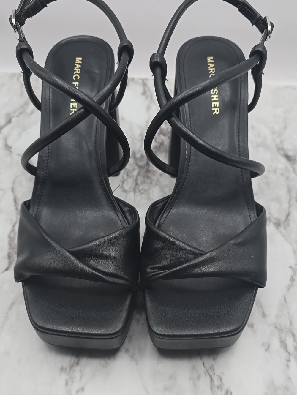 Marc Fisher Black Leather Glady Crisscross Platform Sandals